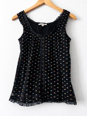 Moa Moa Black Sheer Mesh Ruffle Corset Tank L Y2K Coquette Mall Goth